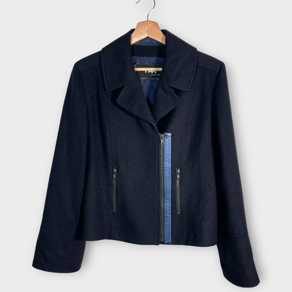 Baby Alpaca Wool Moto Jacket (Wears are L / XL) Blue Silk Lined Leather Trim EUC
